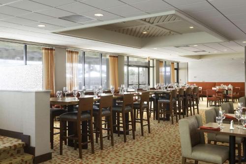 大西洋滩大西洋海滩希尔顿逸林海滨酒店的用餐室设有桌椅和窗户。