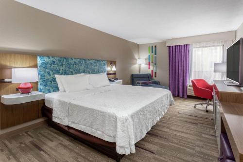 比洛克西Hampton Inn Biloxi-Ocean Springs的配有一张床和一张书桌的酒店客房