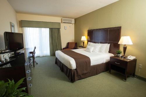 美利坚峡谷DoubleTree by Hilton Napa Valley - American Canyon的酒店客房,配有床和电视