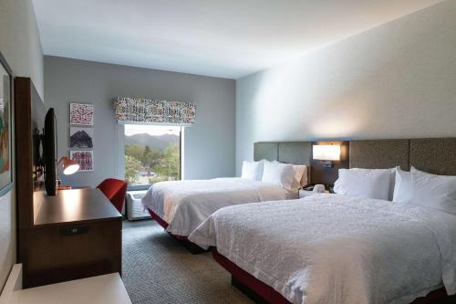 黑山Hampton Inn Black Mountain的酒店客房设有两张床和窗户。