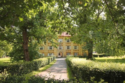 德意志兰茨贝格Schloss Frauenthal的一座黄色的大建筑,前面有树木