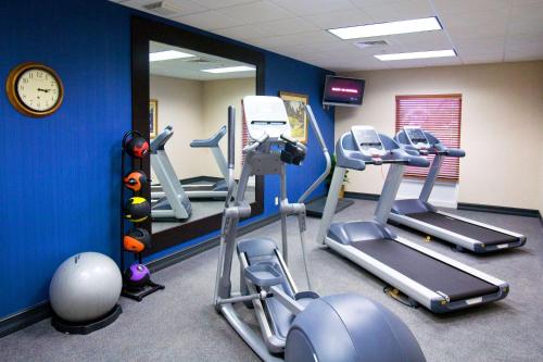 莱克威尔士威尔士湖希尔顿恒庭旅馆&套房酒店的健身房设有数台跑步机和时钟