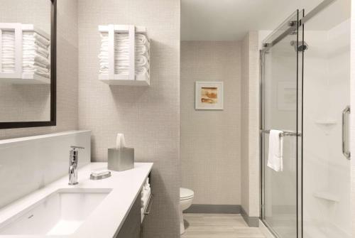 圣查尔斯Hampton Inn & Suites St Charles Old Town Area, Mo的带淋浴和卫生间的白色浴室