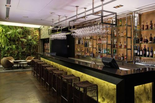 圣地亚哥圣地亚哥 - 比塔库拉希尔顿逸林酒店的一间酒吧,里面设有棕色的凳子和酒瓶