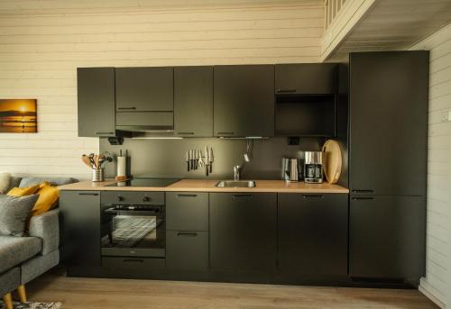伊瓦洛Norlight Cottages Ivalo - Aurinko East的厨房配有灰色橱柜、水槽和沙发