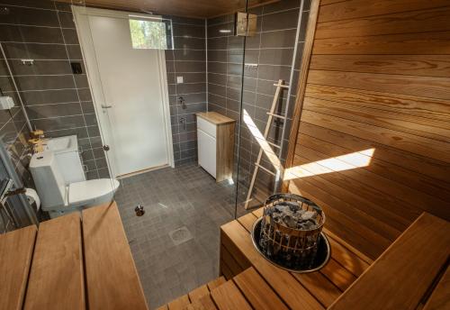 伊瓦洛Norlight Cottages Ivalo - Aurinko East的带淋浴、卫生间和盥洗盆的浴室