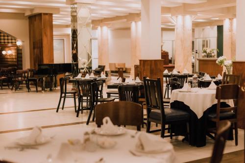 莱昂莱昂酒店的一间带桌椅和钢琴的用餐室
