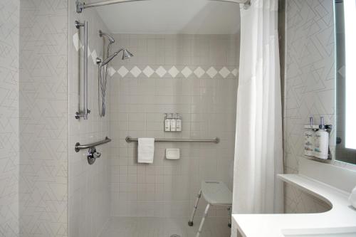 玛丽埃塔市 亚特兰大西北玛丽埃塔智选假日酒店的带淋浴和盥洗盆的白色浴室