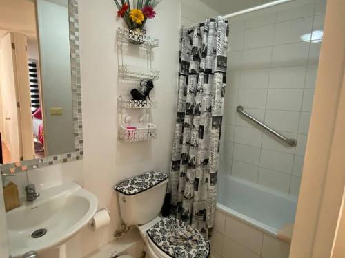 塔尔卡Hermoso Departamento aire acondicionado, Internet的浴室配有卫生间、盥洗盆和淋浴。
