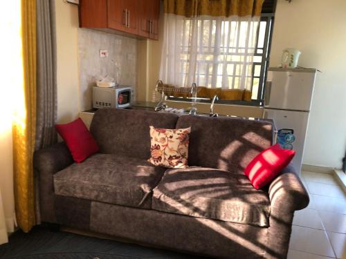 基苏木Tom Mboya Estate - Fast WI-FI, Netflix and Parking 1Br Apartment in Kisumu Town的厨房里配有一张沙发,上面有红色枕头