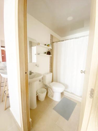 蓬塔卡纳Oasis Punta Cana Apartments 3的一间带卫生间和水槽的浴室