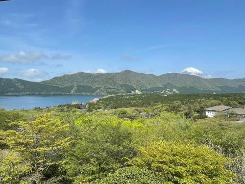 箱根Hakone Ashinoko Bikeikan 箱根芦ノ湖 美景館的享有湖泊和山脉的雪景