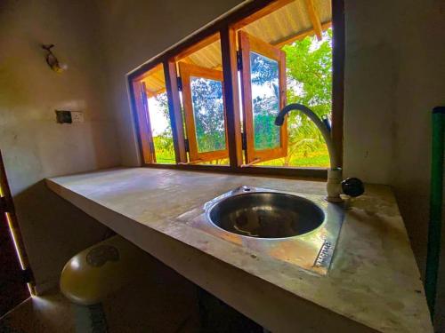 GalewelaNelumgala Cottage -Village Experience的带水槽的厨房台面和窗户
