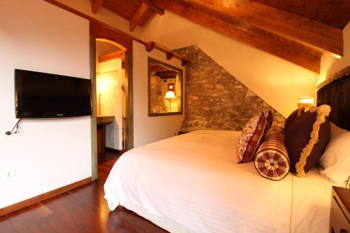 特拉马卡斯蒂拉·德·滕Abadia del Pirineo的一间卧室设有一张大床和一台平面电视。