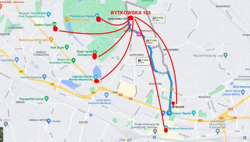卡托维兹Apartament Bytkowska的红色和黄色线条的红色城市地图