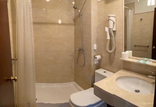 圣玛丽亚港Pensión La Palma的带淋浴、卫生间和盥洗盆的浴室