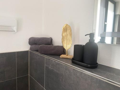 比勒费尔德Loft Appartement的浴室设有盥洗盆、肥皂机和镜子