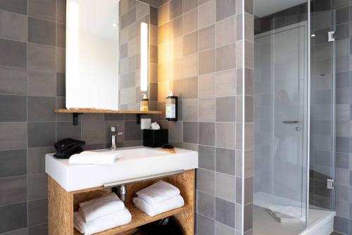 Pacégreet Hotel Rennes Pace的一间带水槽和淋浴的浴室