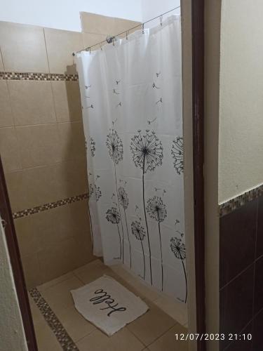 拉里奥哈Casa Las Moras的浴室内带蒲团的浴帘
