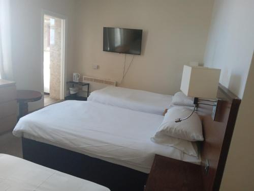 伊斯特布恩格拉斯顿伯里酒店的酒店客房设有两张床和一台平面电视。