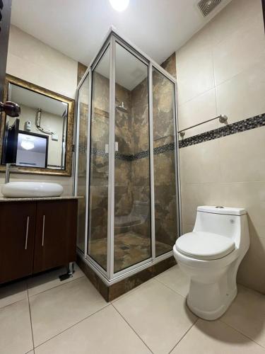 圣萨尔瓦多Hotel Casa Pamplona的带淋浴、卫生间和盥洗盆的浴室