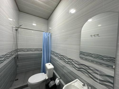 塔什干Stay hostel的浴室配有卫生间、淋浴和盥洗盆。