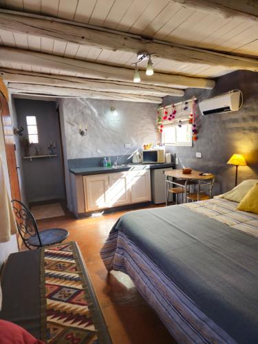 胡阿卡勒拉Finca Tuluz的一间带大床的卧室和一间厨房