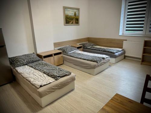 普翁斯克Hostel Sportowa的带三张床和一张沙发的房间