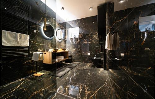ŽarovićVilla D-palace的浴室设有黑色大理石墙壁和淋浴。
