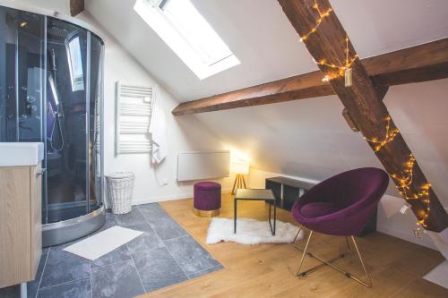 图尔昆Colocation de luxe à Tourcoing avec jardin的客厅配有紫色椅子和桌子