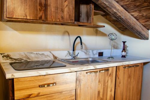 昆卡Casa Suite Campana的一个带水槽和木橱柜的厨房