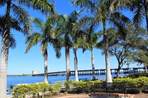 布雷登顿All season paradise in Cortez的从棕榈树海滩欣赏到码头的景色