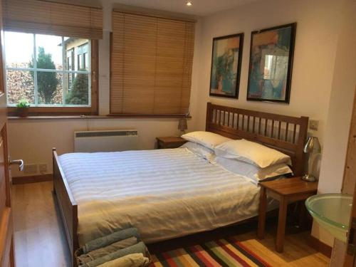 德里门Annexe Lodge cottage in Drymen的一间卧室设有一张大床和两个窗户。