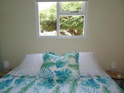 努尔德Pura Vida Aruba appartement Cama的一张带两个枕头的床和窗户