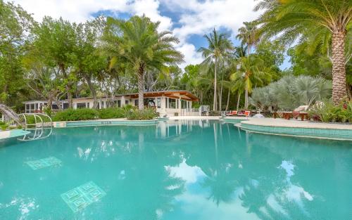 基拉戈Largo Resort的一座棕榈树游泳池和一座房子
