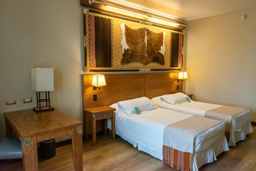 萨尔塔亚历桑德一世酒店的酒店客房设有两张床和一张桌子。