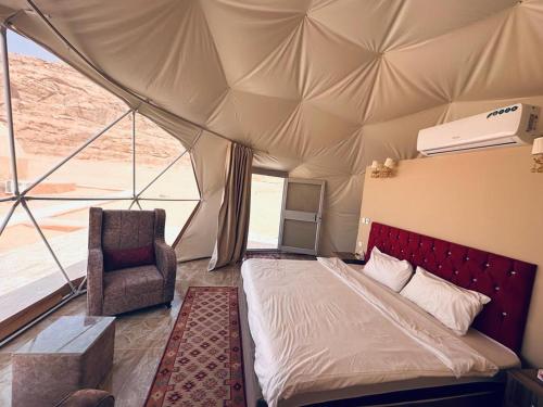 瓦迪拉姆Wadi Rum Aviva camp的一间卧室配有一张床铺,帐篷内提供一把椅子