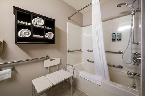 MaustonBest Western Park Oasis Inn的带淋浴、卫生间和盥洗盆的浴室