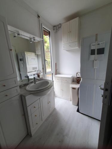 卡普费雷Villa "Le Mirage"的白色的厨房配有水槽和冰箱