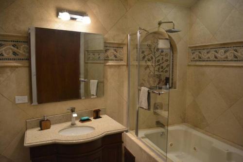 罗萨里托Ocean Front Condo @ Las Olas Grand的浴室配有水槽、淋浴和浴缸。