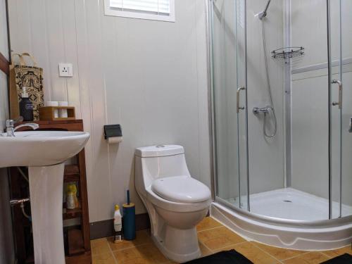 努库希瓦Noho Mai的带淋浴、卫生间和盥洗盆的浴室