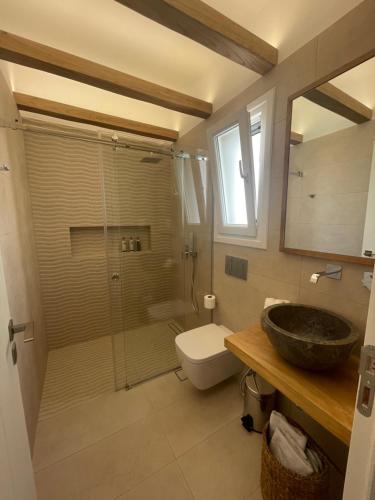 斯希努萨岛Sohoros Luxury Suites的带淋浴、盥洗盆和卫生间的浴室