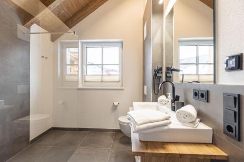 玛丽亚普法尔AlpiNest Feriendorf Lungau的一间带水槽和卫生间的浴室以及窗户。