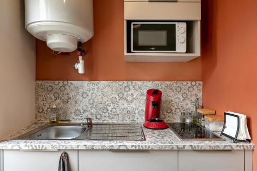佩皮尼昂Perpignan - Appartement en centre ville的厨房配有水槽和微波炉