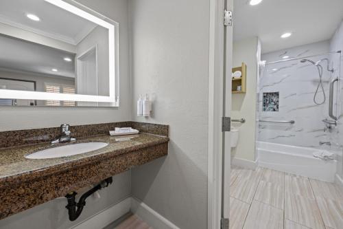 安纳海姆索勒酒店阿纳海姆的一间带水槽和淋浴的浴室