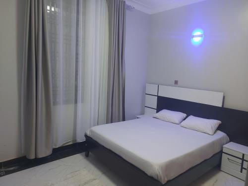 坎帕拉Precious Bahai nest 1BDR wifi Netflix的一间卧室配有一张带白色床单的床和一扇窗户。
