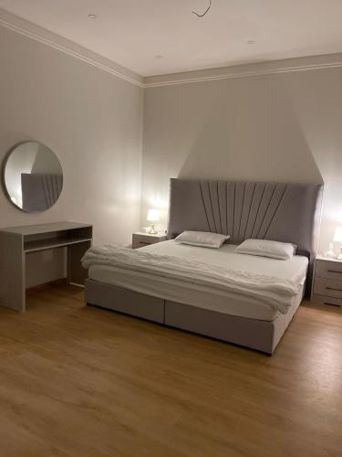 阿可贺巴Family Furnished Apartment in Khobar的一间卧室配有一张大床和镜子