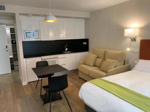 阿兰达德杜洛Aparthotel Essenzia de Castilla的酒店客房配有床、沙发和桌子。