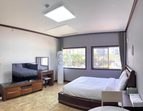 济州市格里姆度假酒店的一间卧室配有一张大床和电视