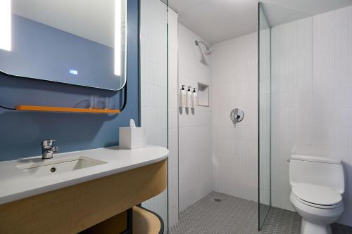 纽约Delta Hotels by Marriott New York Times Square的浴室配有卫生间、盥洗盆和淋浴。